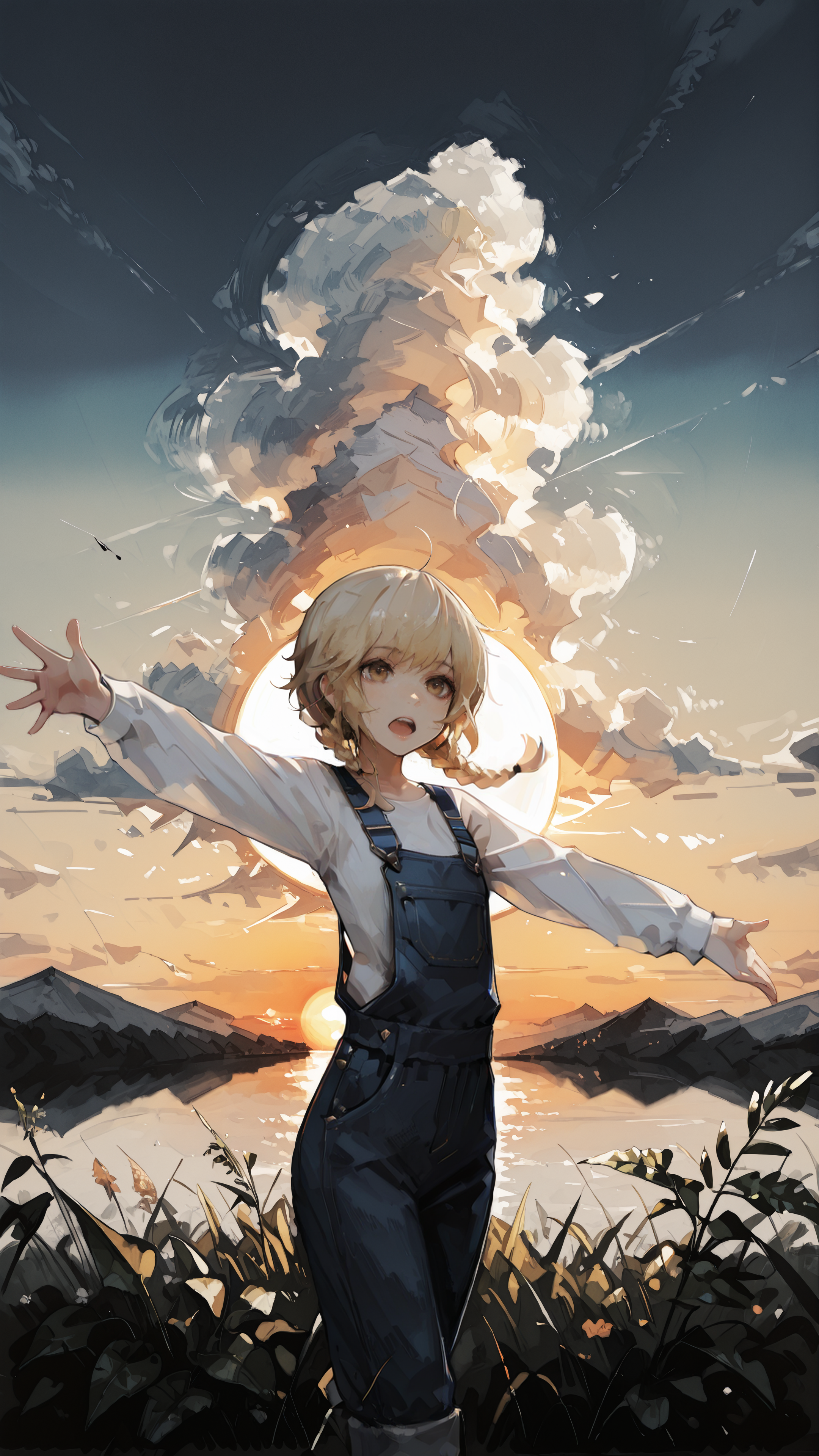 masterpiece, newest,absurdres,incredibly absurdres, best quality, amazing quality, very aesthetic, painterly,
1girl, blurry foreground, impressionism, overalls,  sunrise, upper teeth only, looking around, blonde, short braid, outstretched arm, 
 <lora:gyup_style:1> gyup_illu, ink \(medium\),<lora:m4chigami_y0h_style:1> m4ch_illu, machigami_yoh_illu,