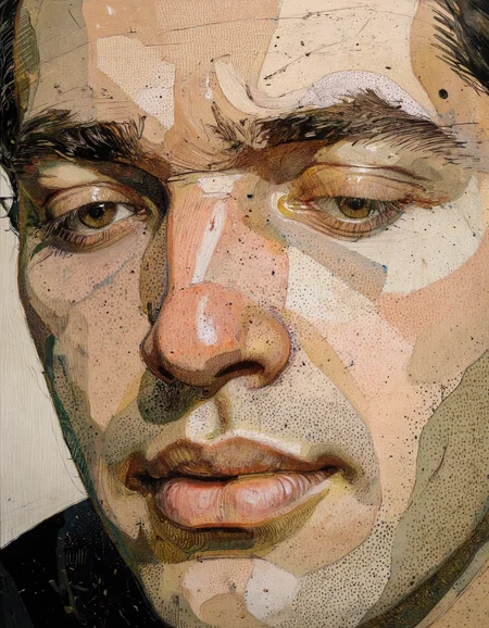 Portrait in Tony Rodriguez style. This image is a highly detailed, surreal digital painting that features a close-up portrait of a man with a hauntingly serene expression. The artwork is rendered in a meticulous, watercolor-like style with soft, flowing lines and a blend of earthy tones. The subject's face is a study in serene, almost ethereal beauty, with closed eyes and a gentle, contemplative expression.  <lora:Tony_Rodriguez_7:0.85>