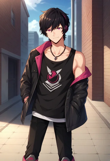 score_9, score_8_up, score_7_up, source_anime, highly detailed, 
faithbeams, 1boy, male focus, solo, headphones, black hair, shirt, jacket, pink eyes, necklace, jewelry, upper body, hand in pocket, smile, black shirt,  looking at viewer, pants, hood, black pants, boots, knee boots, off shoulder,
outdoor,