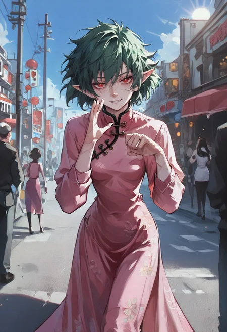 score_9, score_8_up, score_7_up, sun, crowded street, flying sheets of paper,
1girl, green hair, pointed ears, bob hair, red eyes, detailed eyes,  small breasts, tomboy face, freckles, scars on forearms, floating hair,
skinny, cowboy shot, half closed eyes, ((leaning forward)), Waving two hand, smile, good hands,
pink dress, satin dress, chinese dress, long sleeves, long dress, standing, front view,
<lora:Expressive_H:0.3>, <lora:Xenotrip_v.2:0.3>, <lora:dino:0.4>, <lora:scanlines_v2:0.3>,  <lora:TNSKs-v1.3-V6-HDponyXLv2.7-32-:0.5>,   <lora:Niji-Art_Style_by_Uoh:0.8>