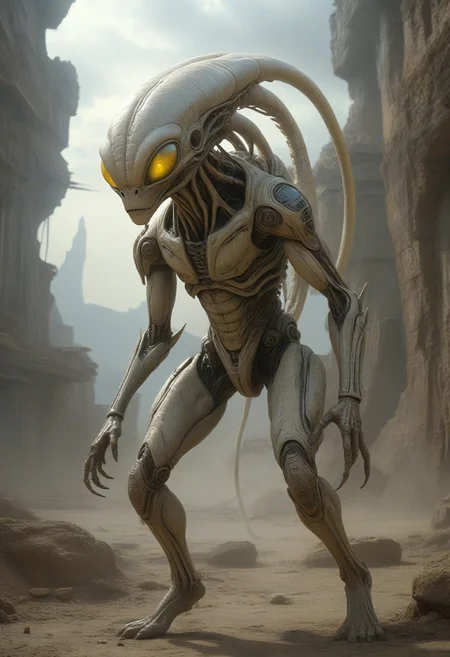 masterpiece, highly detailed, realistic, alien species (mesmerizing alien) with radiant white scaled skin, scars, bipedal body, segmented antennae, alien shaped yellow eyes, segmented antennae, insect-like legs, tentacles,cybernetic implants, set in an ancient alien planet, with weathered terrain, fascinating ruins, a sense of history, during an alien storm, <lora:alien-species:1>
