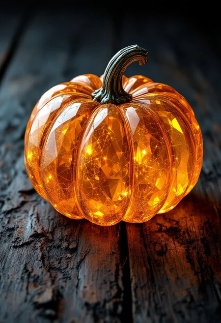 highly detailed crystal halloween Pumpkin (with fine textures) on a weathered, textured black wooden surface, vibrant contrast between the (halloween Pumpkin) and the (faded, peeling wood), depth and shadow enhanced using (Gaussian blur) for a soft background focus, (sharpen filter) applied to the halloween Pumpkin, (color grading) to enhance contrast between warm and cool tones, (lens flare) subtly added to create natural lighting effect, (noise reduction) for a smooth, clean finish, (HDR toning) used for extra depth and detail, emphasizing the intricate patterns in both the halloween Pumpkin and wood grain