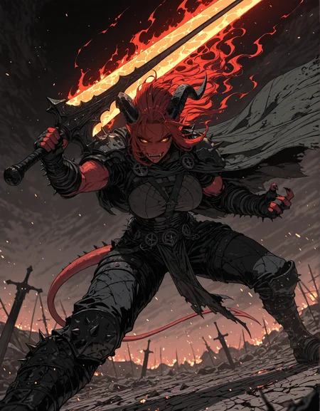 masterpiece, best quality,high quality, newest, highres,8K,HDR,absurdres, 1girl, tiefling, solo, large breasts, fire aura, fangs, powerful and muscular, deep red skin, sharp black horns, fiery golden eyes, long wild hair, battle-scarred, massive greatsword on shoulder, spiked leather armor, tattered cape, standing on a battlefield, embers in the air, cracked ground from impact, war cry, battle stance, intense expression, medieval fantasy, dramatic lighting, detailed background, depth of field, dynamic pose, detailed background, dynamic pose, dynamic composition,dutch angle, detailed backgroud,foreshortening,blurry edges, <lora:iLLMythSmo0thL1nes:1> Smo0thL1nes