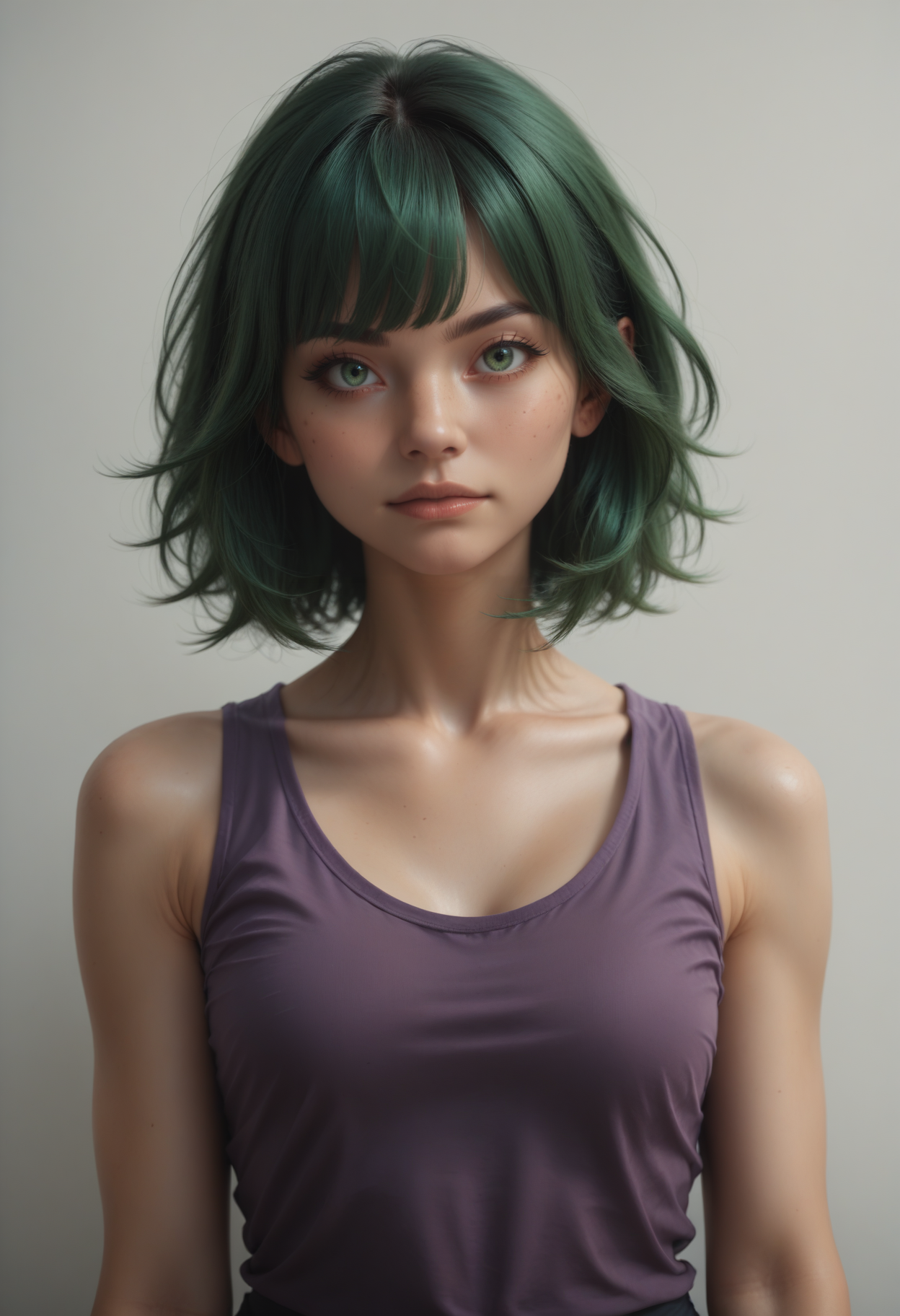 score_9, score_8_up, score_7_up, rating_safe,
1girl, solo, purple tank top,
 <lora:Dark_Sylvie_Pony_v0.1:0.5> d4rksylv13, bangs, green hair, green eyes,