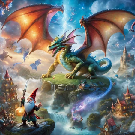 Fujifilm quality photograph (best quality)++, (masterpiece)++, (detailed)+, elf on the shelf fighting a Dragon, (fantasy illustration)1.3, enchanting Dragon battle elf on the shelf, mystical battle, (many gnomes battling)1.4 (whimsical charm).4 Otherworldly charm, mystical sky, (Luis Royo)1.2, (Yoshitaka Amano)1.1, moonlit night, soft colors, (detailed cloudscape)1.3, (high-resolution)1.2 (gnomes  battling everywhere)1.2 , <lora:DonM3t3rn1tyXL-v1.1:0.3> DonM3t3rn1tyXL <lora:DonMD1g174l4sc3nc10nXL:0.3> DonMD1g174l4sc3nc10nXL  <lora:Dragons:0.8> dragon  <lora:EnvyMagicalXL01:0.3> magical <lora:FantasyLandscape:0.8> FanLan