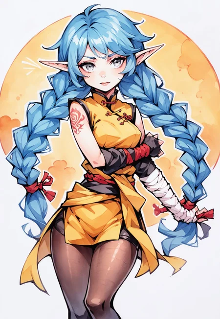 safe_pos, score_9, score_8_up, score_8, score_7_up, zzCitronCAT, abstract background, white outline, masterpiece, c4m3lt0, cartoon, comic, solo, chifusamh, watercolor \(medium\), traditional media,
elf, female, martial artist, adult, slender athletic build, pointed ears, cerulean-blue hair, long twin braids, very long braids, silver eyes, focused eyes, (dragon-tattoo wrapped around arm), acrobat clothes, high waisted shorts, red and blue and gold clothing, chinese clothes, skindentation, tights, pantyhose, long sash around waist, leg wraps, foot wraps, calloused feet, tiny breasts, 4 ghost arms floating behind,