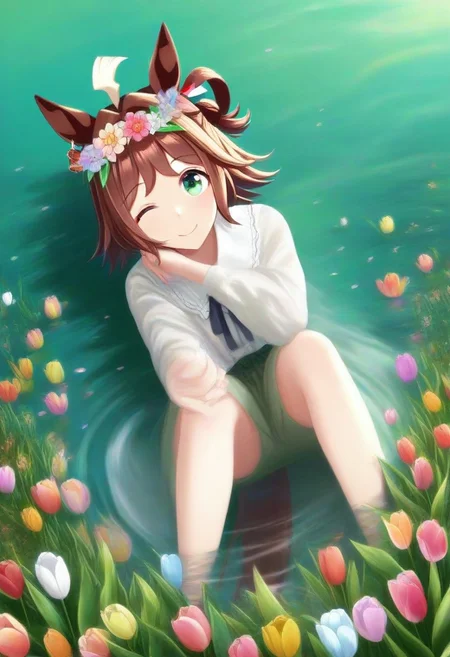 (umamusume, rhein_kraft_(umamusume), horse_ears, horse_girl, tail, 1girl, ahoge, animal_ears,)
casual, Tulip,Tulip flower, Tulip flower_field,
head_wreath, looking_at_viewer, solo, aesthetic, absurdres, symmetric , , g0ldsw0rthy,
(realistic, photo, artistic, medium_hair, one_eye_closed, petals, relaxing, smile, spiralling vortex made of multicoloured tulips, lush foliage sunrise, ripples, reflective, jaynl-tm, rainbow,green_eyes, hair_between_eyes, hair_ornament, : 0.7)