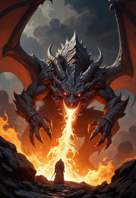 huge dragon spitting fire, boris vallejo style, frank frazetta style, very detailed, masterpiece, full body, epic scene, Dungeons and dragons atmosphere, heroic fantasy, 8k, digital painting,