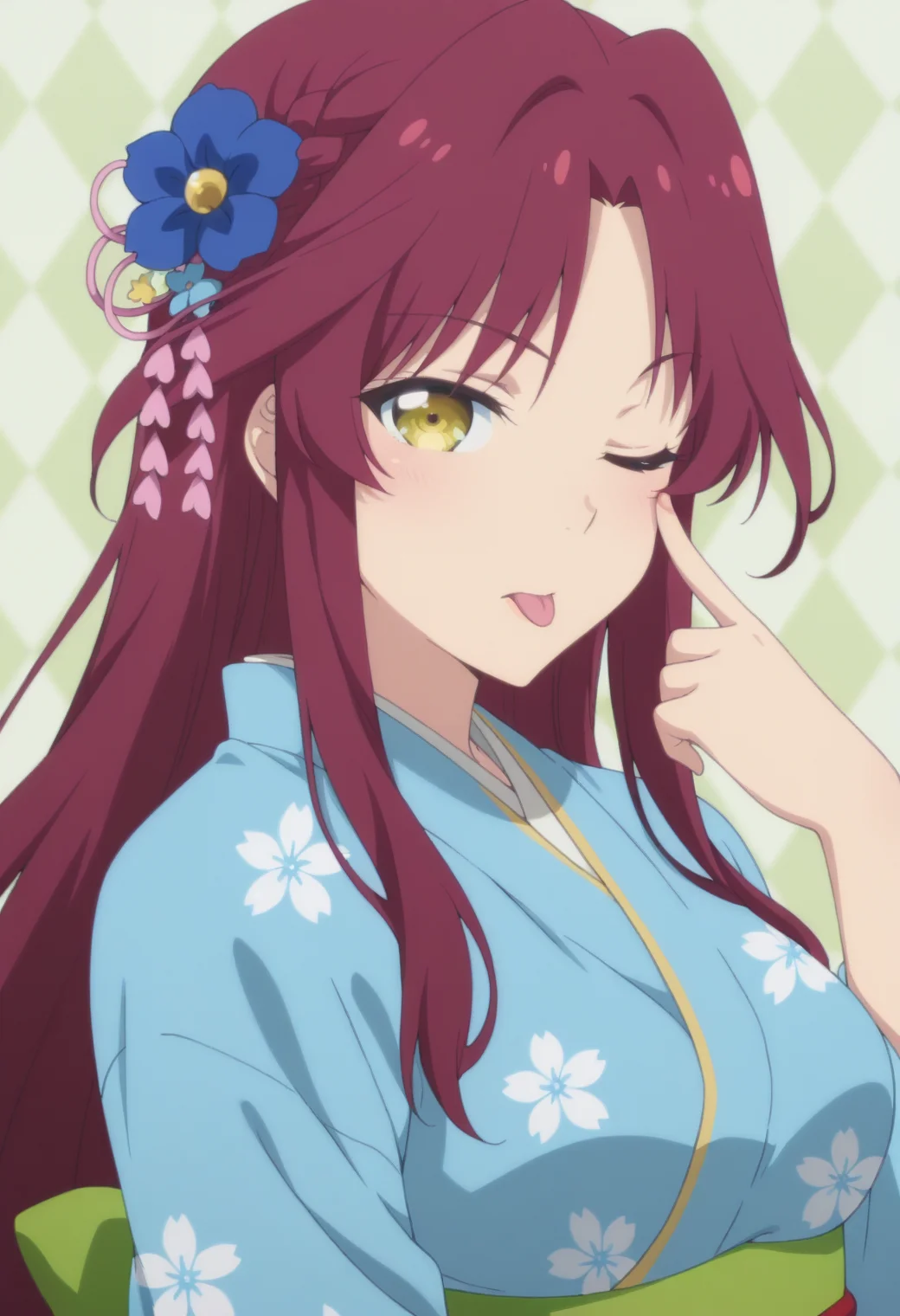 anime screencap, anime coloring, <lora:DX888Kyou:1> apricot, yellow eyes, very long hair, red hair, parted bangs, braid BREAK back bow, blue flower, blue kimono, floral print kimono, heart hair ornament, japanese clothes, kanzashi, long sleeves, obi, obiage, obijime, wide sleeves BREAK simple background, green background, argyle background, BREAK 1girl, akanbe, eyelid pull, hand up, looking at viewer, one eye closed, portrait, solo, tongue out, upper body,