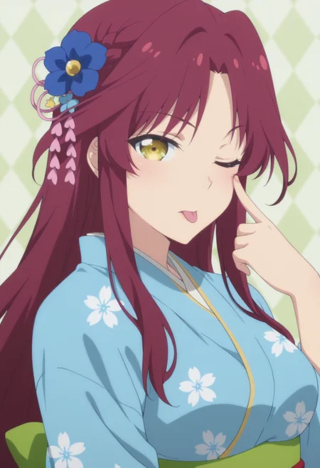 anime screencap, anime coloring,   <lora:DX888Kyou:1> apricot, yellow eyes, very long hair, red hair, parted bangs, braid BREAK  back bow, blue flower, blue kimono, floral print kimono, heart hair ornament, japanese clothes, kanzashi, long sleeves,  obi, obiage, obijime, wide sleeves BREAK simple background, green background,  argyle background, BREAK  1girl, akanbe, eyelid pull,  hand up, looking at viewer, one eye closed, portrait,  solo, tongue out, upper body,