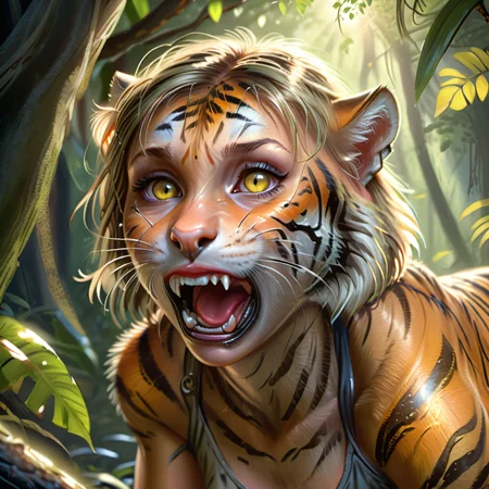 Dynamic lighting, intricate detail, transformation of a girl into a tiger girl prowling a jungle, detailed eyes, close-up, dappled sunlight, tree, realistic:1.5, (photorealistic:1.2)