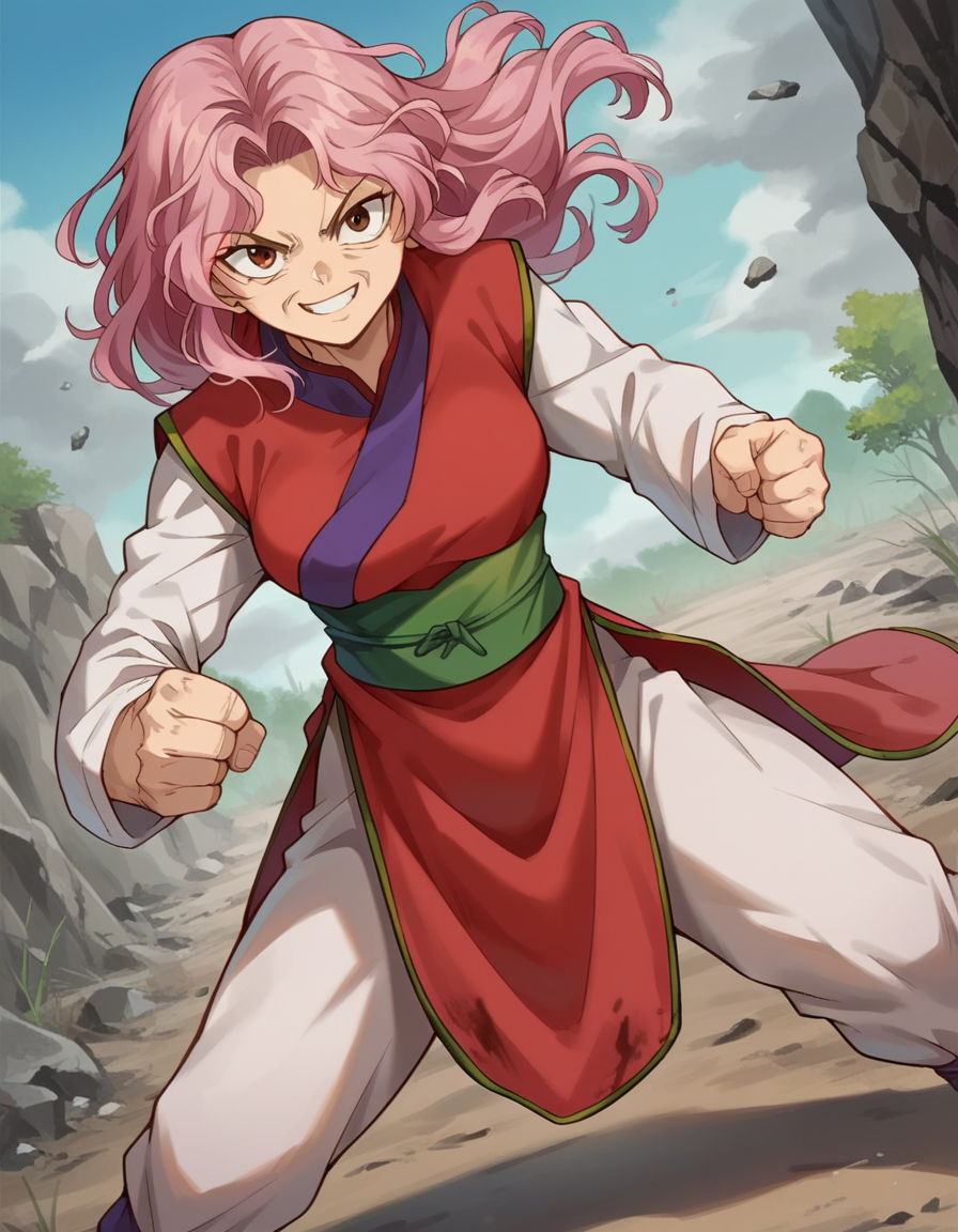 score_9, score_8_up, score_7_up, source_anime,
yyhgenkai, <lora:yyh-genkai-anime-ponyxl-lora-nochekaiser:1>,
genkai, long hair, brown eyes, pink hair, wrinkled skin, 
long sleeves, pants, sash, chinese clothes,
outdoors, wasteland, smile, fighting stance,
looking at viewer, dutch angle, cowboy shot,