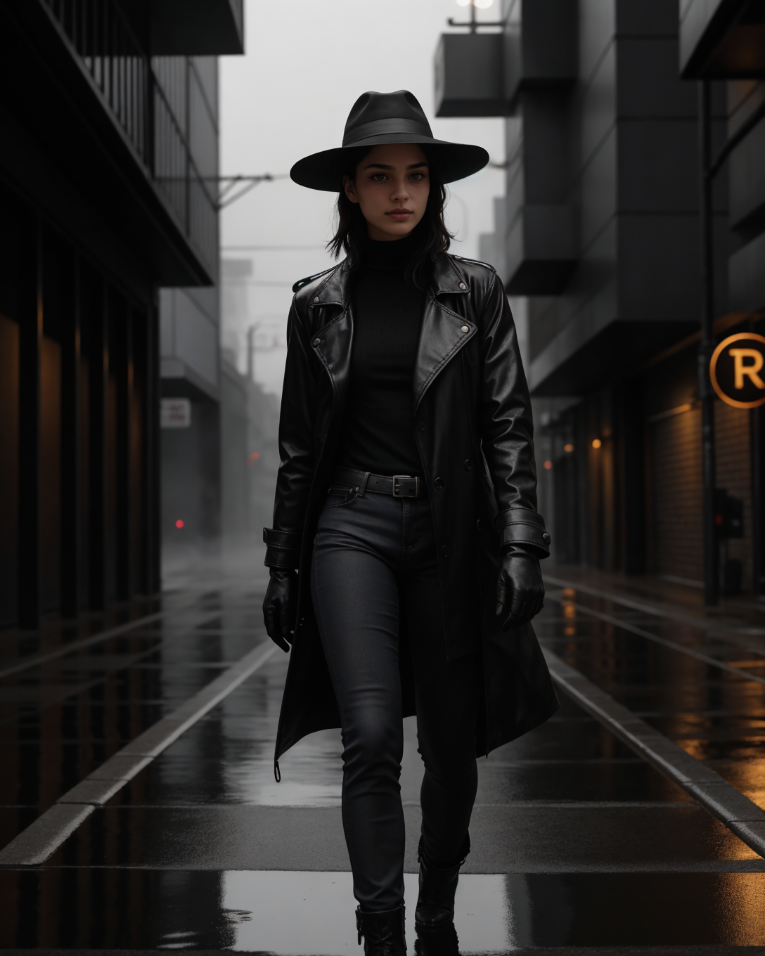 (style of Helmut Newton) cyberpunk urban explorer, woman navigating a dimly lit alleyway, neon reflections in wet pavement, rain-soaked cobblestones, light rain, reflective puddles, subtle glow of distant neon signs, moody urban atmosphere, futuristic cityscape in background, waterproof trench coat, high collar, cinched at the waist, metallic sheen, glossy black fabric, umbrella in hand, small waterproof messenger bag, high-tech design, slim-fit dark jeans, matte black, water-resistant ankle boots, textured rubber soles, partially wet hair, strands clinging to her face, tucked under a wide-brimmed hat, leather gloves, sleek black watch peeking from under the coat, chrome accents on gloves, rain droplets clinging to her coat, reflective surface of the fabric, cold mist rising from the ground, hazy fog, cinematic lighting, deep shadows, glowing rain-soaked city, urban decay juxtaposed with advanced tech, grungy walls, graffiti art, wet street reflecting neon lights, puddles glimmering with color, soft light from hidden lamps, subtle steam from nearby vents, dripping water from awnings, distant hum of city life, mechanical hum in the air, gritty realism, intense gaze, confident stance, poised, purposeful movement, high contrast between shadow and light, rain adding texture to her attire, every detail enhanced by the moisture in the air, dark futuristic tones, modern urban exploration