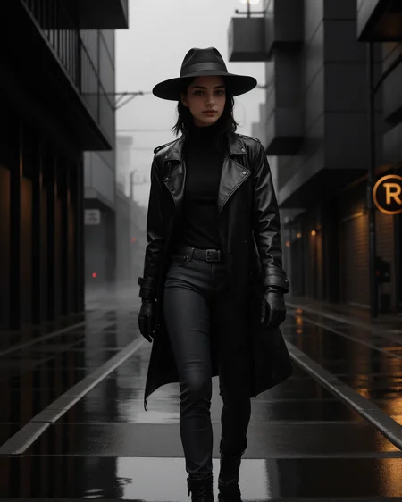 (style of Helmut Newton) cyberpunk urban explorer, woman navigating a dimly lit alleyway, neon reflections in wet pavement, rain-soaked cobblestones, light rain, reflective puddles, subtle glow of distant neon signs, moody urban atmosphere, futuristic cityscape in background, waterproof trench coat, high collar, cinched at the waist, metallic sheen, glossy black fabric, umbrella in hand, small waterproof messenger bag, high-tech design, slim-fit dark jeans, matte black, water-resistant ankle boots, textured rubber soles, partially wet hair, strands clinging to her face, tucked under a wide-brimmed hat, leather gloves, sleek black watch peeking from under the coat, chrome accents on gloves, rain droplets clinging to her coat, reflective surface of the fabric, cold mist rising from the ground, hazy fog, cinematic lighting, deep shadows, glowing rain-soaked city, urban decay juxtaposed with advanced tech, grungy walls, graffiti art, wet street reflecting neon lights, puddles glimmering with color, soft light from hidden lamps, subtle steam from nearby vents, dripping water from awnings, distant hum of city life, mechanical hum in the air, gritty realism, intense gaze, confident stance, poised, purposeful movement, high contrast between shadow and light, rain adding texture to her attire, every detail enhanced by the moisture in the air, dark futuristic tones, modern urban exploration