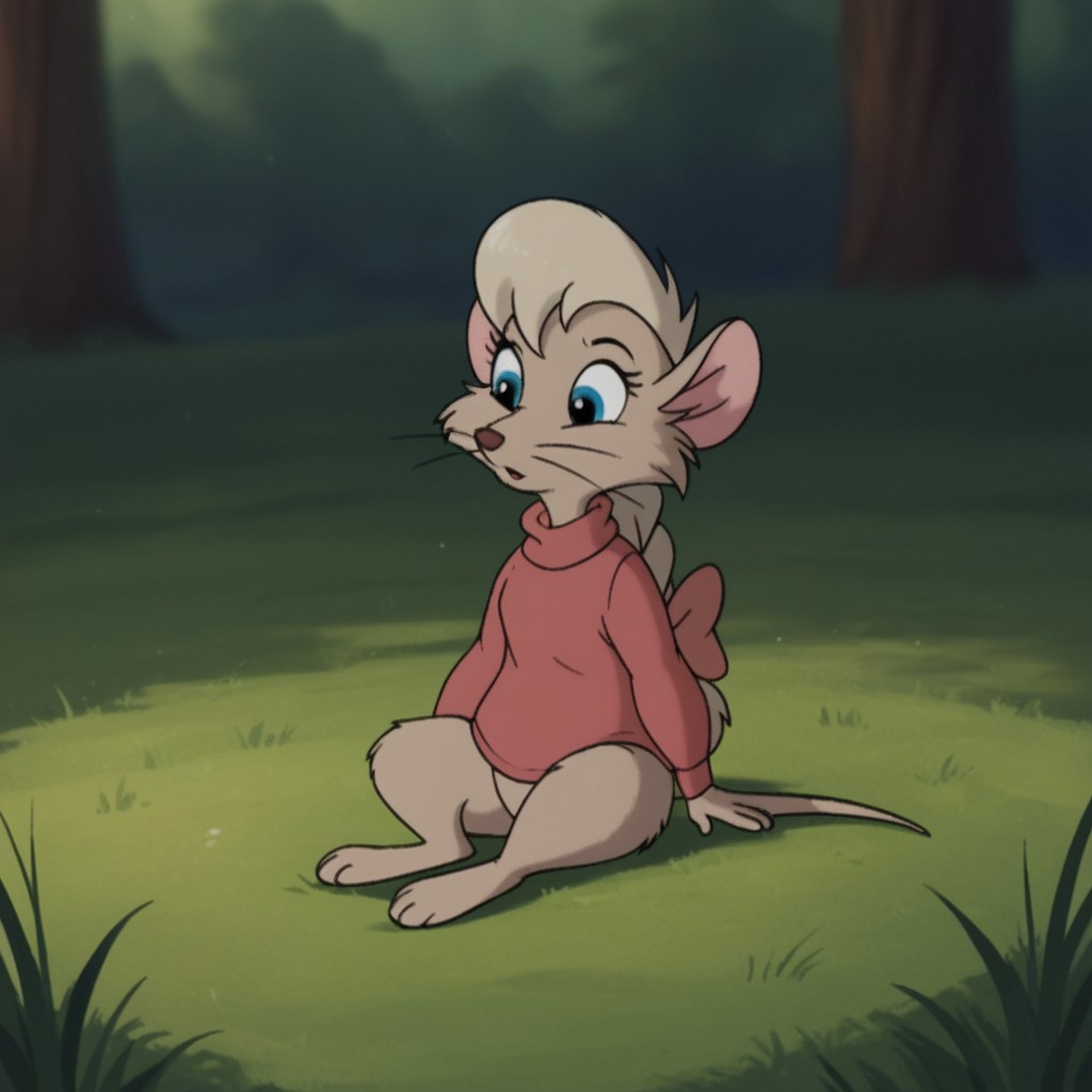 score_9, score_8_up, score_7_up, score_6_up, score_5_up, score_4_up, source_furry, jennynimh2, semi-anthro, female, mouse, brown fur, ponytail, pink sweater, long sleeves, blue eyes, outside, sitting, in the grass, pink  bow, solo, 1girl