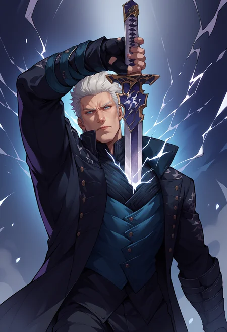 score_9, score_8_up, score_7_up, source_anime, 1boy, human scabbard, holding, holding weapon, holding sword, electricity, cleavage, <lora:HumanScabbardV2_XLPD:1>, <lora:dmc5_vergil_ponyXL:1> dmc5vergil, black coat, fingerless gloves