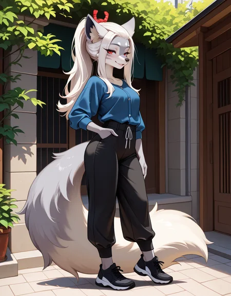masterpiece, best quality, very aesthetic, absurdres,
outdoors, casual,
full body, posing,
seductive smile, parted lips, long eyelashes,
<lora:Hakuro_v01_NAIXL:1>
H4kur0,1girl,solo,furry,furry female,wolf girl,white hair,long sidelocks,bangs pinned back,ponytail,red eyes,snout,animal nose,body fur,two-tone fur,grey fur,white fur,wolf tail,
