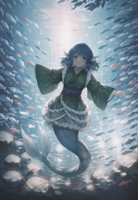 volumetric lighting, ambient occlusion, luminescent background, masterpiece, very awa,underwater, mermaid, a mermaid swimming towards a beam of light, dynamic angle,cinematic angle, blue tint, water reflections, looking at viewer, surrounded by colorful fish, mermaid tail, dynamic pose,
BREAK
wakasagihime, 1girl, solo, blue eyes, blue hair, short hair, drill hair, head fins, mermaid,green kimono, frilled kimono, wide sleeves, blue obi, yellow obijime,elegant
