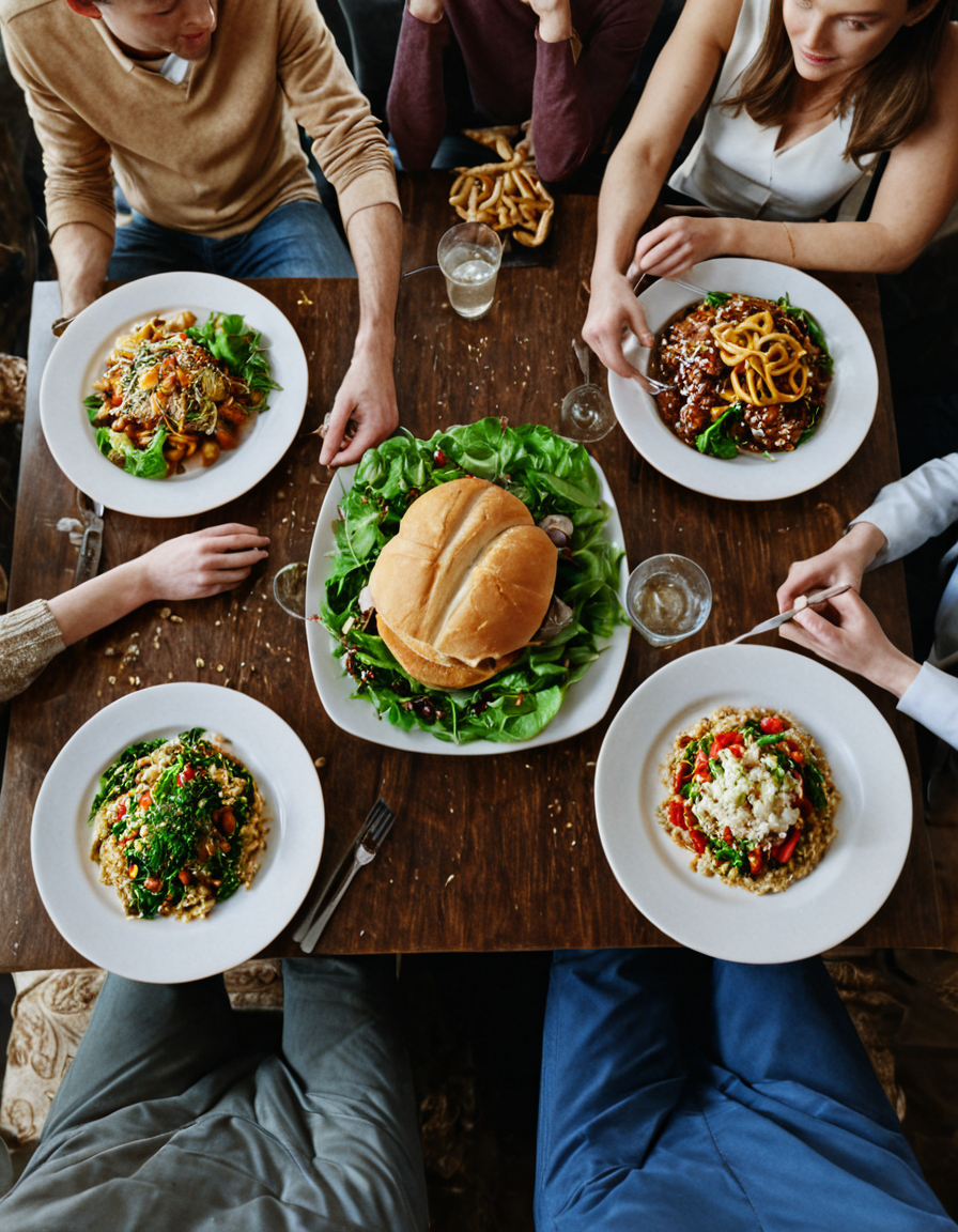 Skin Textures, High Resolution, High-Resolution Image, Cinematic, foodlora, 4 people sitting at a table full of food