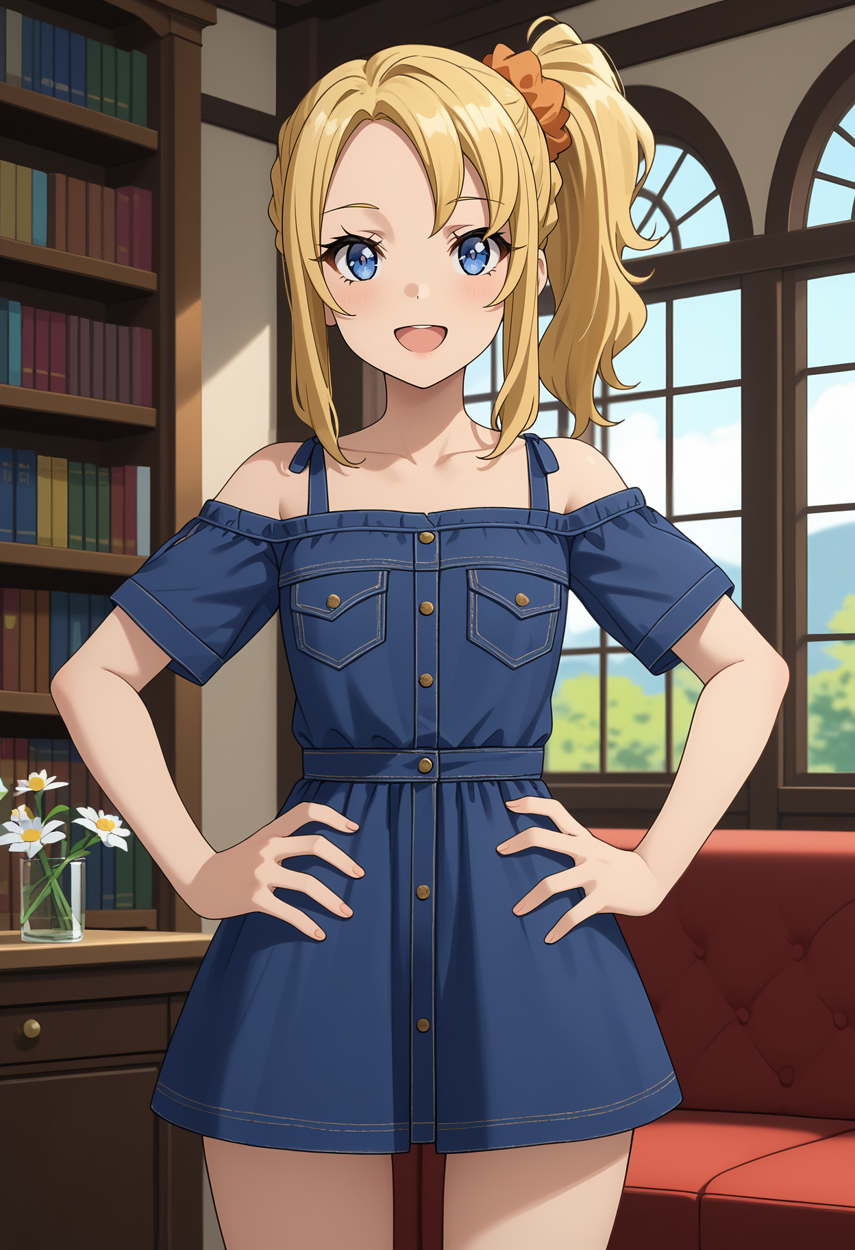 score_9,
<lora:SeishunButaYarou_ToyohamaNodokaXL:0.8>,
1girl, solo, open mouth, light smile,
side ponytail, blonde hair, blue eyes, parted bangs, hair scrunchie, orange scrunchie,
NodokaDress, off-shoulder dress, blue dress, denim, bare shoulders, short sleeves, short dress,
thigh gap, standing, looking at viewer, hands on own hips,
blurry background, indoors, flower, window, bookshelf
