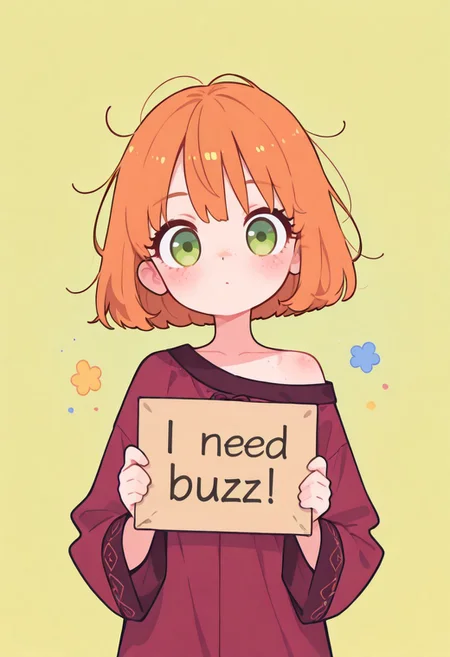masterpiece,best quality, Smooth, no lineart,no outline, super cute style, very aesthetic, flat colors, 1girl, petite, cute, kawaii, small, fragile, young, youthful, orange hair, bob cut, light green eyes, light freckles, fair skin, shiny skin, short hair, flatchest, one bare shoulder, looking at viewer,messy hair, close up, holding sign with text, text (i need buzz),
Colorful themes,High Saturation, haiz_ai,
<lora:ponyv6_noobE11_2_adamW-000017:0.3> <lora:MeMaXL4:0.8> <lora:veluflora-wai:0.35> <lora:haiz_ai_illu:0.7>