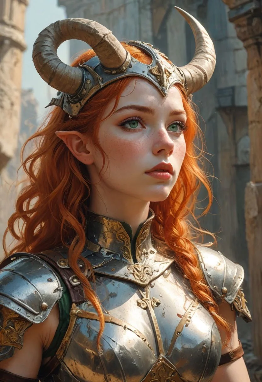A purple towering Minotauress, Giantess, 8 feet tall,  wearing gladiator armor,  in the style of Karol Bak, Adam Hughes, Boris Vallejo, Julie Bell, Norman Rockwell,  
View from below, looking down on viewer, 
{
1woman,
25 year old, 
Merida
(Pointy Ears:1.3),
orange hair,
(Green eyes,:1.3)
Makeup,
Big Round Eyes,
Fake Eyelashes,
fleshy big lips,
Pale skin, freckles,
}
(muscular female:), 6 pack, ripped muscles, (massive Horns:1.5), Tiefling, tail on coccyx, small waist, thin legs, thin thighs, medium breasts, 
(Roman Gladiator Interior background:1.1)
(cleavage), top too small, skindentation, plunging neckline, bursting breasts, breastplate, Gladiator,  chainmail, silver armor, Silver clothes, Gold Trim, Leather Belts, shoulder armor, (navel:1.2),  gauntlets, thigh armor, hip armor,