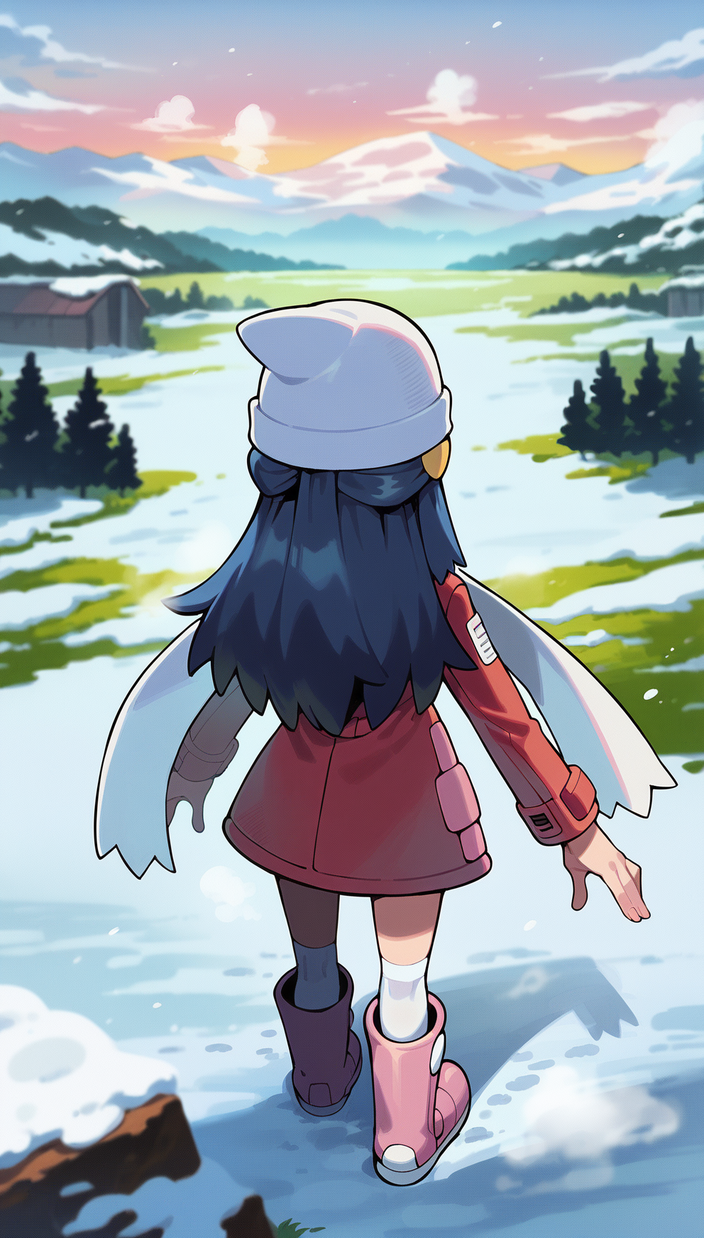 score_9,score_8_up,score_7_up,
highres,highly detailed,
<lora:hikaridawn:0.8>,
hikaridawn,
1girl,solo,
navy blue hair,long hair,
parted lips,(steam:1.2),blush,looking looking ahead,
white beanie,pink hair clips,red overcoat,white scarf,
white kneehighs,light pink boots,
full body,standing,from above,standing on edge,back view,in peak of mountain,
blurry background,vignetting,outdoors,snowfield,snow,winter,footprints,light particles,snowing,mist,fog,landscape,hill,mountains,