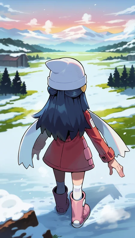 score_9,score_8_up,score_7_up,
highres,highly detailed,
<lora:hikaridawn:0.8>,
hikaridawn,
1girl,solo,
navy blue hair,long hair,
parted lips,(steam:1.2),blush,looking looking ahead,
white beanie,pink hair clips,red overcoat,white scarf,
white kneehighs,light pink boots,
full body,standing,from above,standing on edge,back view,in peak of mountain,
blurry background,vignetting,outdoors,snowfield,snow,winter,footprints,light particles,snowing,mist,fog,landscape,hill,mountains,