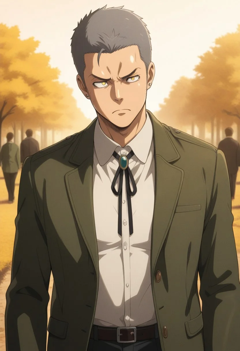masterpiece, best quality, amazing quality, very aesthetic, absurdres, newest, detailed background, warm natural lighting, lively and bustling atmosphere, background details visible, shiny skin, outdoor, frown,
1boy, ConSpostime, short hair, grey hair, sideburns, yellow eyes, green jacket, collared shirt, neck ribbon with jewelry, pants,
