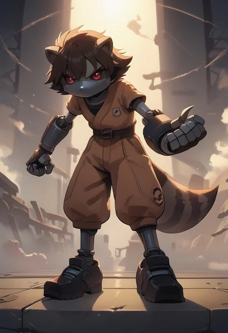 score_9, score_8_up, score_7_up, (best quality:1.1), ultra-detailed, high resolution, 8K, ((tall, 6ft tall, no mouth)), Metal Raccoon, robot, brown beige metal skin, black sclera, red pupils, pointy metal nose, gray claws, green core, black shoes, fist, battle stance, arms at sides, floating, factory, fluffy raccoon tail, BREAK outside, Rich, Detailed background, ambient light