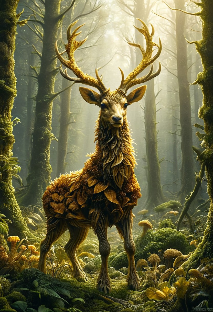 hyper realistic, a majestic fungus monster deer, horrific atmosphere, with golden antlers standing in a sunlit clearing, glowing flora, magical atmosphere 
 <lora:ral-sld:1> ral-sld
<lora:add-detail-xl:1>
<lora:MJ52:0.35>,
<lora:SDXLFaeTastic2400:0.325>,
(settings by AIDigitalmediaaggency:0.0001),
OverallDetailXL
