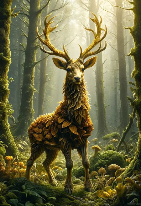 hyper realistic, a majestic fungus monster deer, horrific atmosphere, with golden antlers standing in a sunlit clearing, glowing flora, magical atmosphere
<lora:ral-sld:1> ral-sld
<lora:add-detail-xl:1>
<lora:MJ52:0.35>,
<lora:SDXLFaeTastic2400:0.325>,
(settings by AIDigitalmediaaggency:0.0001),
OverallDetailXL