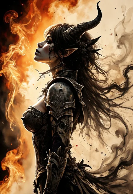 A dinkfsn style ink wash painting, Silhouette Art, magnificent. ethereal female demon, long hair, bangs, made_of_smoke, armour, sexy, translucent, ethereal, coalescing from wisps of smoke, closeup portrait, fiery background