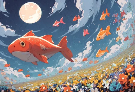 score_9, score_8_up, score_7_up, score_6_up,
nature background, flowers, clouds, fields, flower field, night time, dark county side, moon in the sky, huge moon, glowing moon, white glow, horizon view, flat horizon
flying fish, fish floating, fish swimming thriugh the sky, betta fish, multi colour fish, swarm of fish, 30 fish, huge swarm of fish,fish ,Aquatic life, swarm of fish around a big fish, large goldfish, goldfish, large fish, dragon fish, dragon gold fish