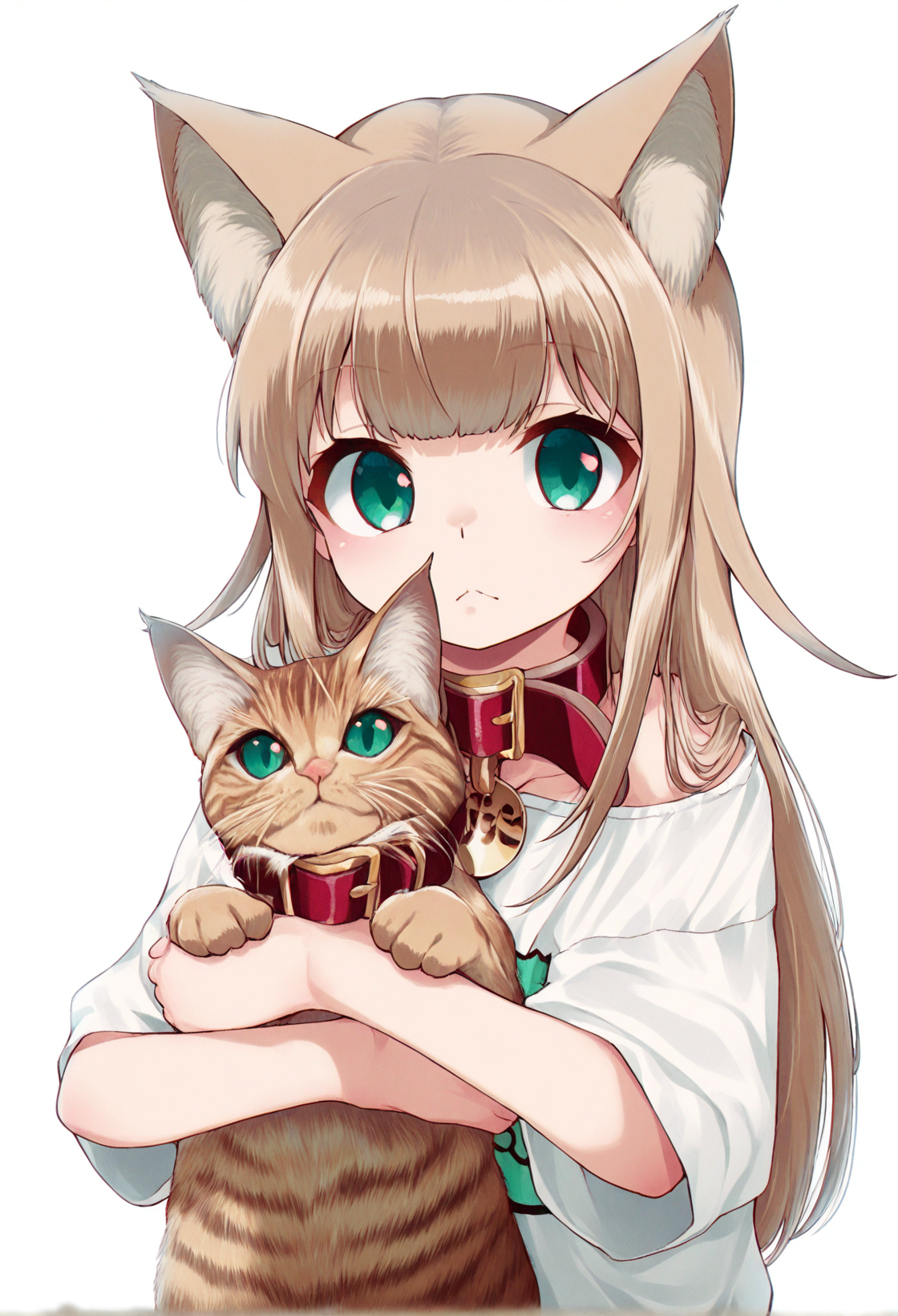 masterpiece, best quality,
brown hair, cat girl, 1girl, animal, animal collar, animal ear fluff, cat, cat ears, collar, green eyes, holding, holding animal, looking at viewer, red collar, shirt, simple background, solo, t-shirt, upper body, white background
<lora:40hara_illustrious_v2:1>