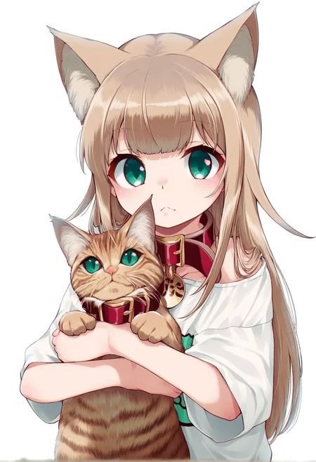 masterpiece, best quality,
brown hair, cat girl, 1girl, animal, animal collar, animal ear fluff, cat, cat ears, collar, green eyes, holding, holding animal, looking at viewer, red collar, shirt, simple background, solo, t-shirt, upper body, white background
<lora:40hara_illustrious_v2:1>