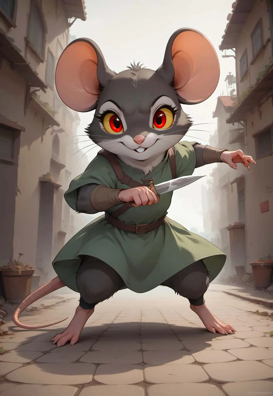score_9, score_8_up, score_7_up, score_6_up, score_5_up, score_4_up, m0use_goldie, female, black fur, red eyes, yellow sclera, cute, (feral:2), (holding dagger:1.5), green tunic, (thief, adventurer:1.5), Foreshortening, dynamic pose, extreme perspective, (action pose:2), (alley:1.5), 
