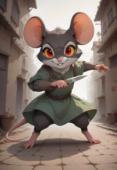 score_9, score_8_up, score_7_up, score_6_up, score_5_up, score_4_up, m0use_goldie, female, black fur, red eyes, yellow sclera, cute, (feral:2), (holding dagger:1.5), green tunic, (thief, adventurer:1.5), Foreshortening, dynamic pose, extreme perspective, (action pose:2), (alley:1.5), 