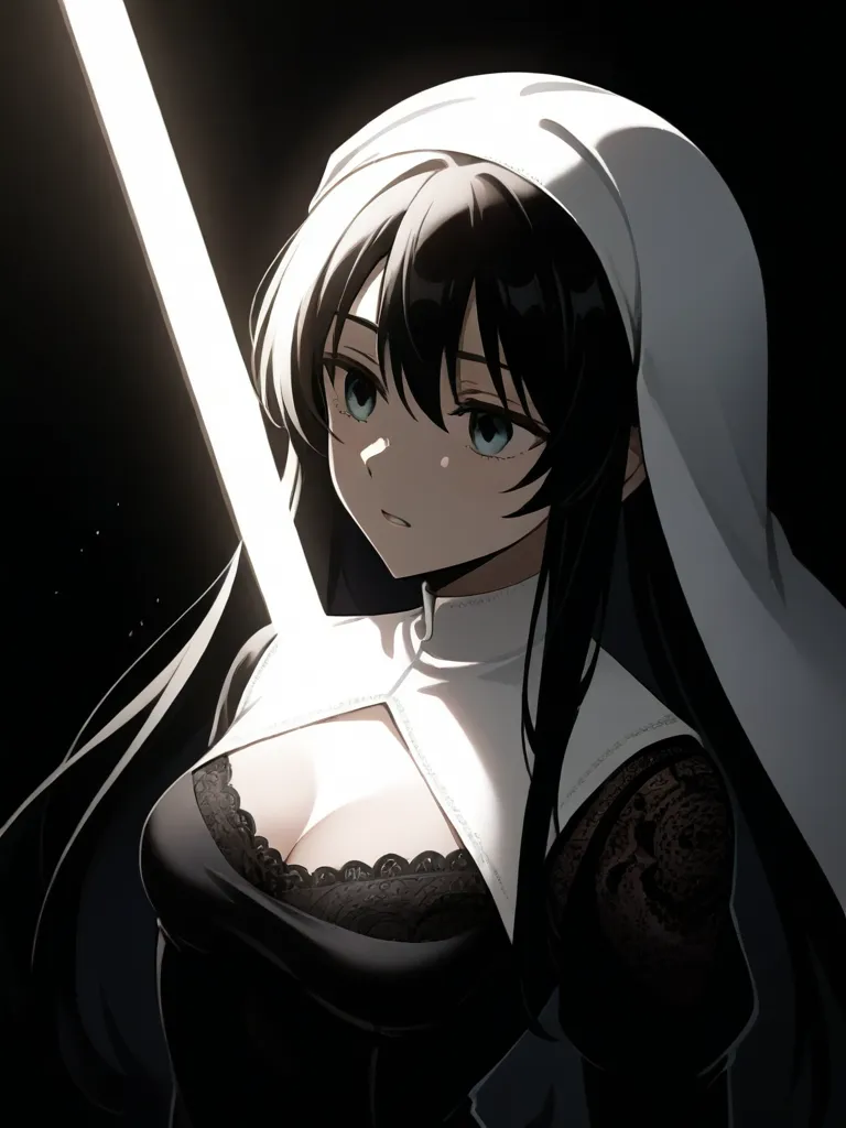 pitch black background, dark theme, vignetting, low light, total darkness, faint light, low contrast, cinematic, Underexpose Lighting, Half Light, Silhouette Lighting,
black cut-out swimsuit with white nun headscarf:1.3), Intricate lace details, Deep V-neckline, (Contrasting nun headscarf:1.2),  
<lora:ZSNR-VPXL00-01D:10>