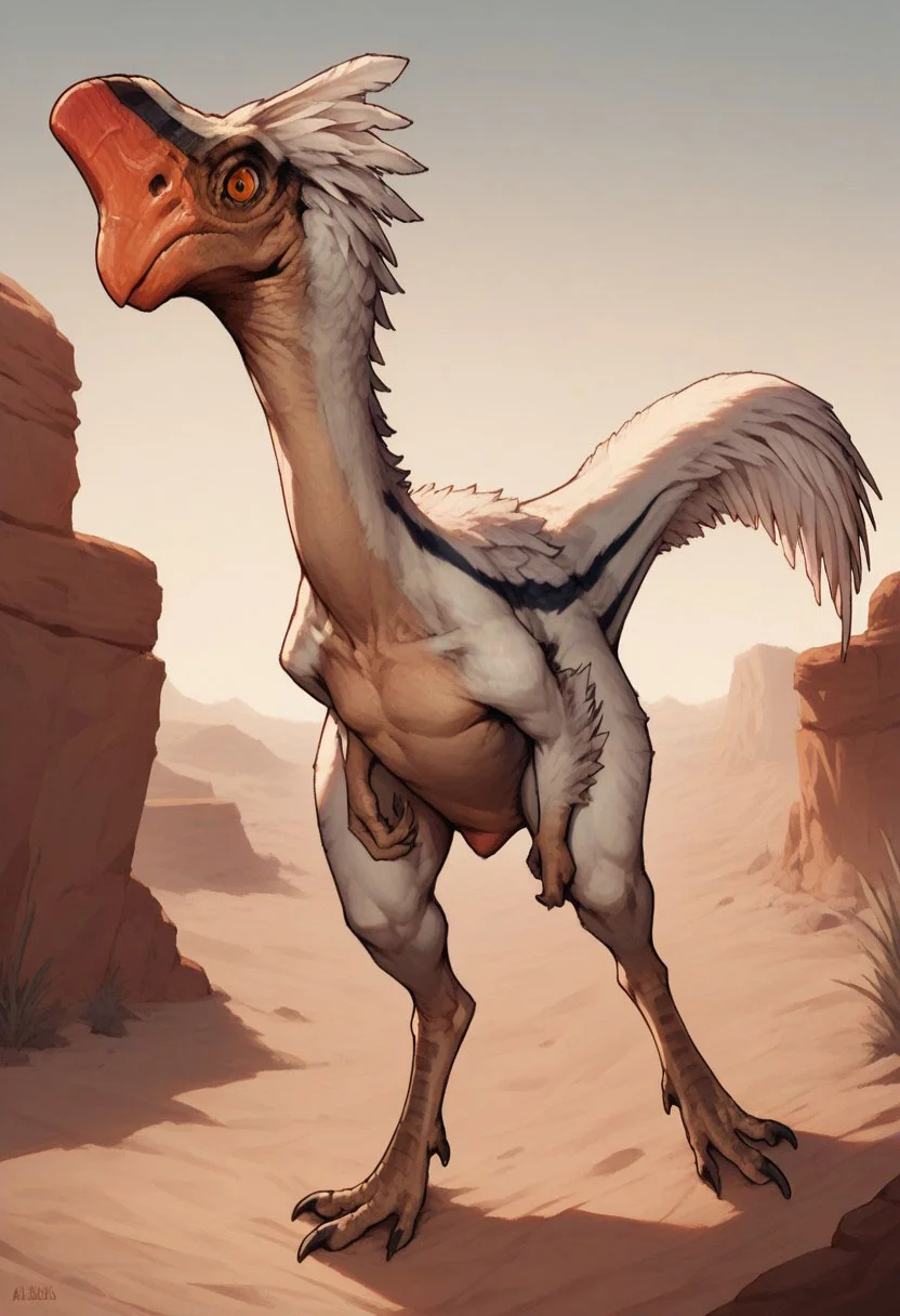 score_9, score_8_up, score_7_up, (solo), 1boy, solo, raptor, oviraptor, small dinosaur, brown skin, white feathered, head with crest, orange eyes, digitigrade legs,