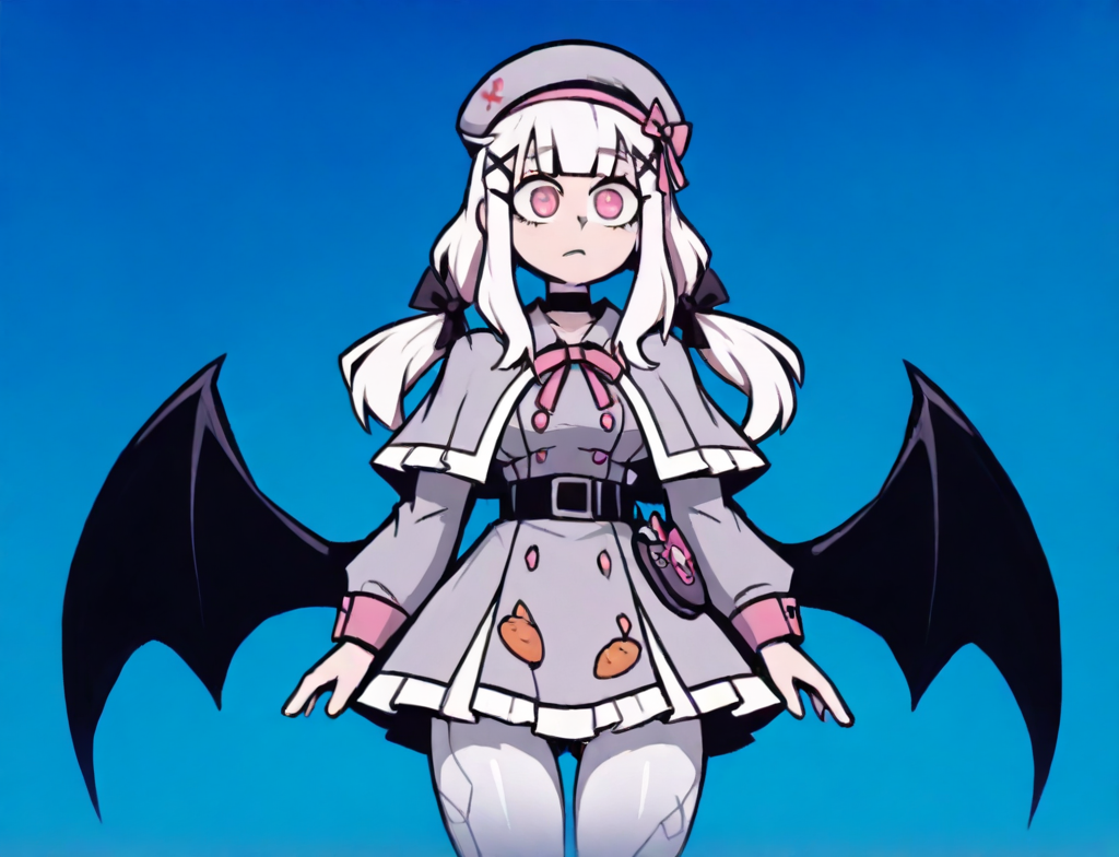 score_9,score_8_up,score_7_up, 1girl, solo, medium shot, blacklight, astonished, <lora:Shondo__fallenshadow_Indie_VTuber_r1:1> Shondo2ndB, petite, pink eyes, bangs, bow, brown hair, sidelocks, low twintails, hair bow, x hair ornament, long hair, hat, beret, frilled dress, black bow, choker, grey capelet, capelet, pink ribbon, black belt, long sleeves, food-themed clothes, white pantyhose,, (muscular), white hair,choker, (pearly white oiled skin), large breasts, covered crotch, (floating), (<lora:Fantasy_Wings_Luis_Royo_Style:0.5> Demon wings,),azure gloom mania beach background,  <lora:VanripperIllustriousXL_byKonan:1> vanripper