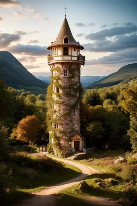 realistic analog photo, award winning photo, vary wide shot of magic stone witow tower:1.3, (Military watchtower), scenery, fantasy, hills, dirt road, nature, outdoors, RAW, highres, 8k, uhd, High Dynamic Range, tonemapping, crisp details,