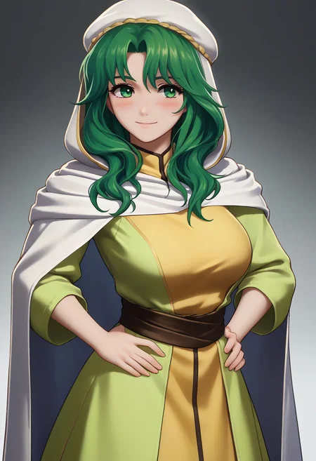 score_9, score_8_up, score_7_up, source_anime, 1girl, solo, blush, smile, hands on hips <lora:zs_FEWarriorsPortraitsXL:1> fewarriorsportraits, portrait, white background, <lora:fesafy-pdxl-nvwls-v1-000005:1> safy, green hair, long hair, green eyes, hood, white cloak, green dress, long dress, big breasts