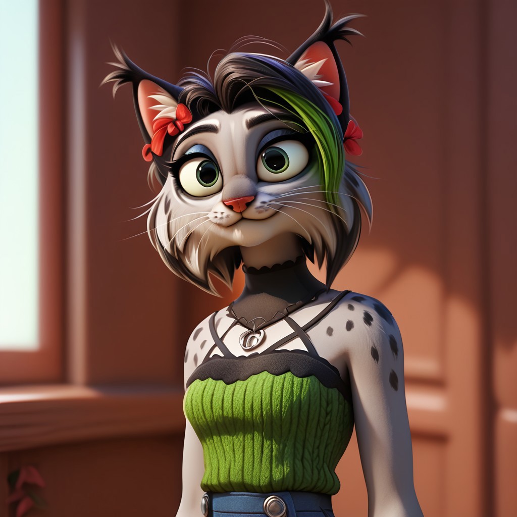 digital_media_(artwork) hi_res, score_9, score_8_up, score_7_up, score_6_up, score_5_up, score_4_up, rating_safe, beautiful, intricate, high quality details, highly detailed, amazing quality, anthro, furry, female, detailed textured fur, fur tufts, fluffy,  cute, cute face, small, detailed sexy eyes, solo, SFW, lynx, expressive, sassy, long sleeveless halter neck sweater, baggy denim pants, clothed slim, clothed slender, clothed skinny, multicolored hair, streaked hair, absurdres, highres, goth, heavy eyeliner, heavy eye shadow, breasts, fingerless gloves, sleeveless leather jacket, vivid colors, by zazush-una