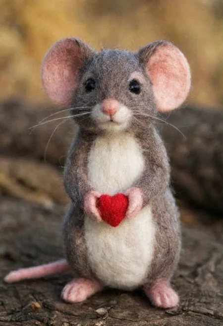 a small, simple, cuddly felt mouse holding a felt heart in its tiny hands, gazing directly into the camera with a joyful smile. The scene is so sweet that it melts even the toughest hearts. Describe the loving atmosphere created by the combination of felt, smiles, and hearts diring a beautiful sunrise