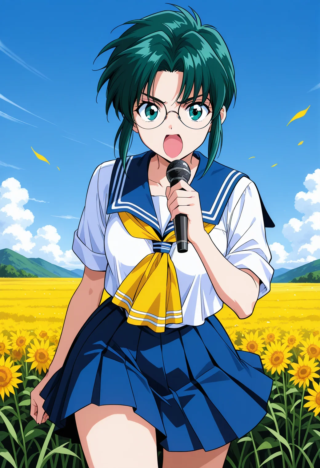 furutachi_ichiko, green eyes, green hair, short hair, round eyewear, school uniform, serafuku, blue sailor collar, yellow neckerchief, short sleeves, pleated skirt, blue skirt, <lora:asuka120_furutachi_ichiko_illustrious_ver1:0.8>
serious, open mouth, holding, microphone, shouting,, masterpiece, best quality, sensitive,, 1girl, solo, (field:1.2), (blue sky:1.2), looking at viewer,, (cowboy shot, dynamic pose:1.4),