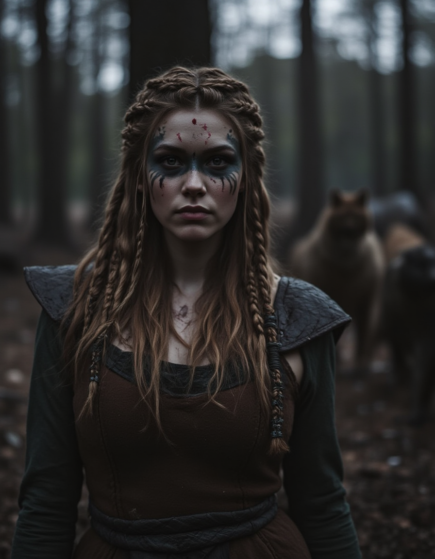 a woman  viking female with braided hair, and war paint in her face, stand in a dusk wood, with some wolfs arounf her <lora:Female_Vikings_Hairstyle:1> v1k1ng2, braids, viking, face