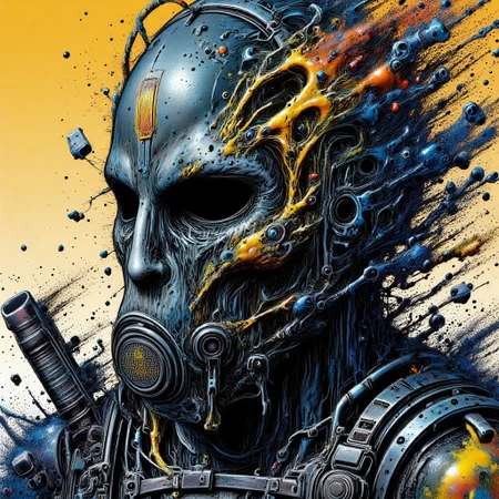 Zombie soldier wearing a biohazard gas mask, black and gold filigree, navy and gold vapor swirls, details in details