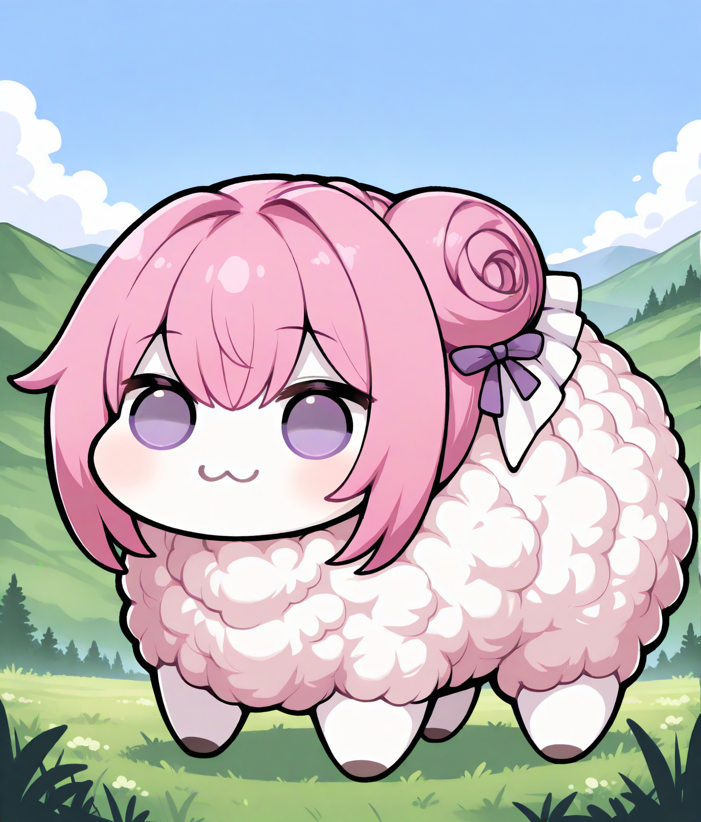 masterpiece,best quality,absurdres,highres,very aesthetic,high quality,
<lora:Mega_Wooly_for_Illustrious_XL_V2>,megawooly,wooly,wool,
<lora:doro_xypher_ixl_v1:0.8>,doro,:3,chibi,no pupils,pink hair,solid circle eyes,single side bun,hair bow,purple ribbon,white skin,all fours,dorothy \(nikke\),purple eyes,
outdoors,hill,