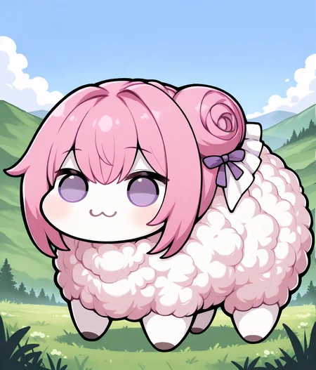 masterpiece,best quality,absurdres,highres,very aesthetic,high quality,
<lora:Mega_Wooly_for_Illustrious_XL_V2>,megawooly,wooly,wool,
<lora:doro_xypher_ixl_v1:0.8>,doro,:3,chibi,no pupils,pink hair,solid circle eyes,single side bun,hair bow,purple ribbon,white skin,all fours,dorothy \(nikke\),purple eyes,
outdoors,hill,
